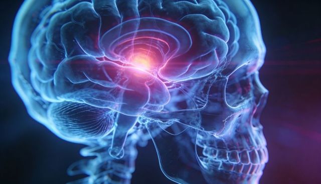 Translucent Skull Revealing Glowing Brain Focus and Ringed Neural Visualization