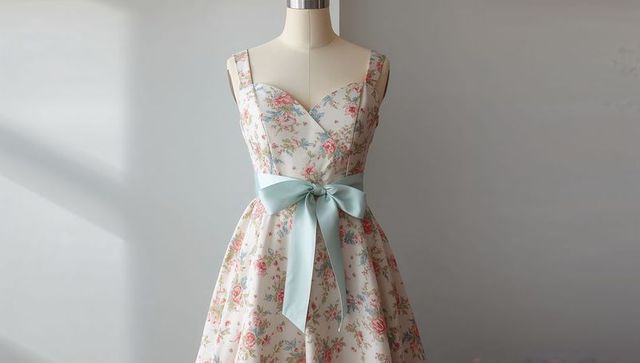Elegant floral dress on mannequin with pale blue bow in boutique