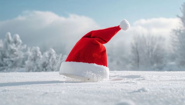 Red Santa hat sinking into fresh snow amid frosted trees and misty winter landscape