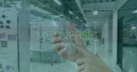 Navigating Metaverse: Hands Using Smartphone in Futuristic Office Environment