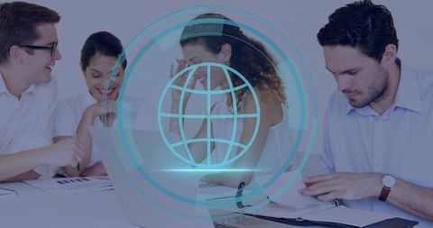 Business Team Collaborating Over Global Data Hologram on Laptop for Strategic Planning