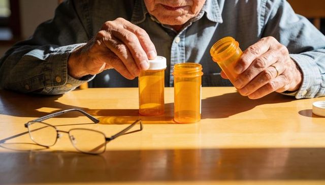 Senior man organizing prescription pill bottles on sunlit table with glasses