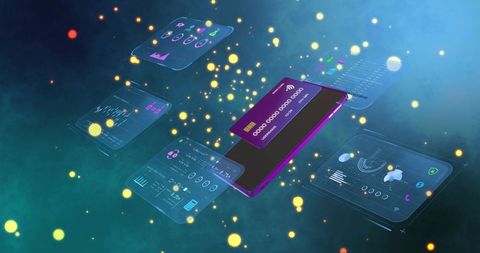 Floating purple smartphone displaying holographic fintech dashboards reacting to card tap