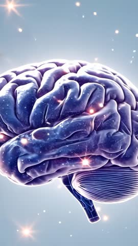 Rotating Vertical CGI Brain Glowing with Neural Activation and Pulsing Nodes