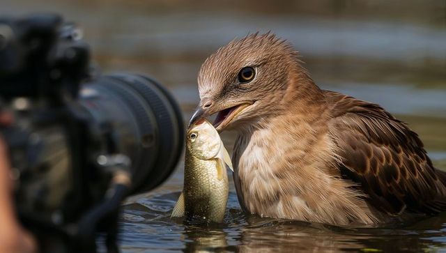 Juvenile gull catching small fish in shallow pond close-up telephoto wildlife action