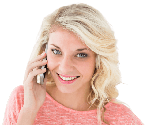 Smiling Blonde Woman Talking on Smartphone Background
