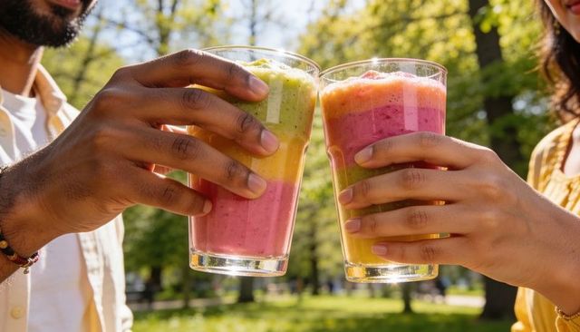 Closeup toasting with layered fruit smoothies in sunny park hands holding colorful glasses