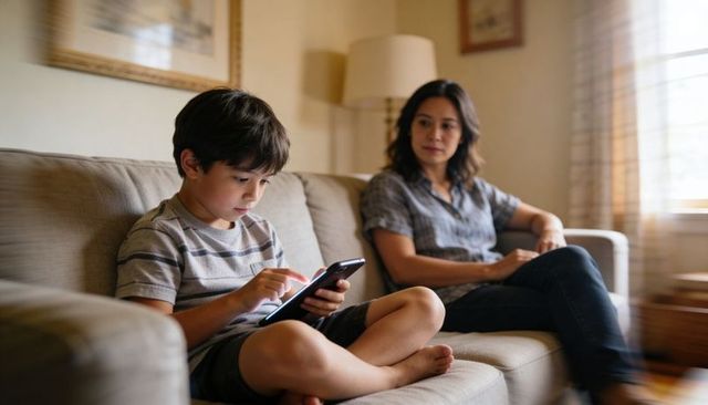 Young boy using tablet on sofa while mother observing, cozy living room family moment