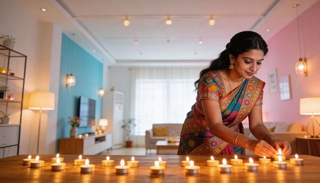 Indian woman lighting diyas in colorful sari celebrating diwali at cozy modern living room