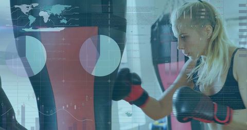 Woman Boxing with Punching Bag and Digital Interface Analytics Overlay