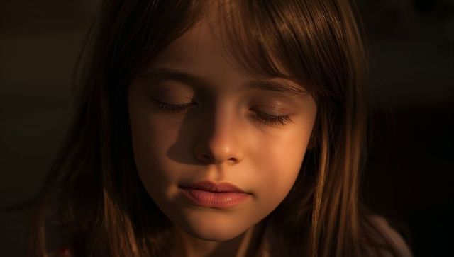 Sunlit closeup of young girl resting with closed eyes, soft eyelashes and golden skin glow