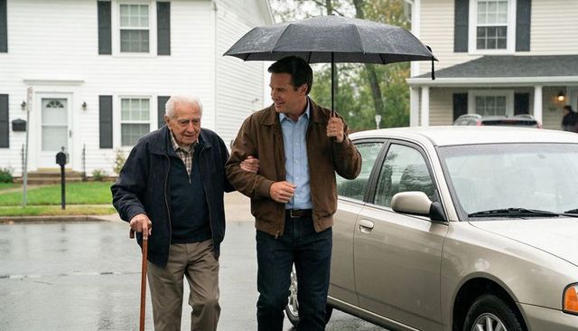 Adult son helping elderly father under umbrella on rainy suburban street near parked car