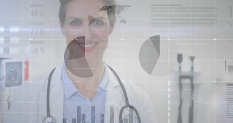 Smiling Doctor with Overlay of Medical Data Graphics