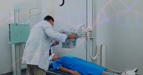 Radiologic technologist positioning senior patient for x-ray examination in radiology suite