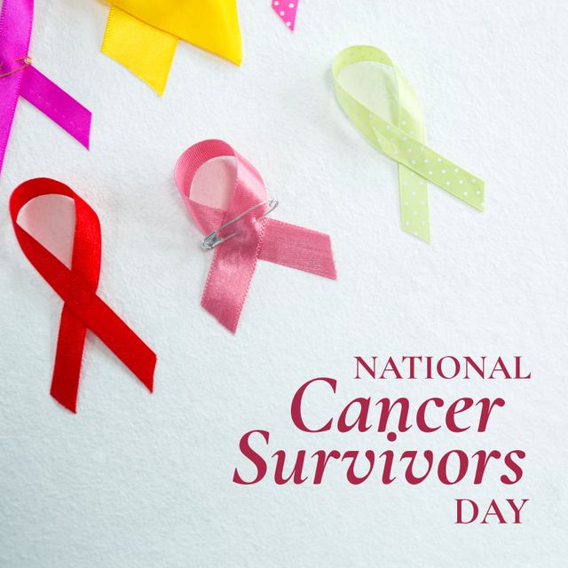 Various cancer awareness ribbons including red and pink on a white background with text celebrating National Cancer Survivors Day. Ideal for use in campaigns, promotional materials, social media posts, and articles related to cancer survival and support.
