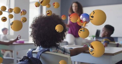 Playful Classroom Scene with Floating 3D Emojis