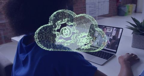 Holographic Cloud Collaboration Over Laptop Showing Remote Teamwork and Cloud Automation Tools