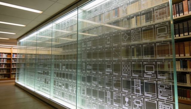Backlit glass display showcasing etched schematic grids along modern library bookshelves