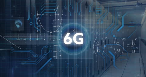 Illustrates futuristic data communication and processing technology emphasizing 6G networks. Suitable for tech-related presentations, articles on future technologies, and educational materials in informatics.