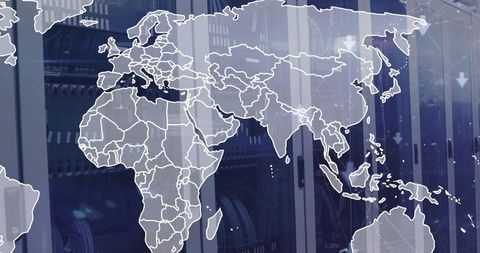 World map overlaying server racks in datacenter for global network and cybersecurity