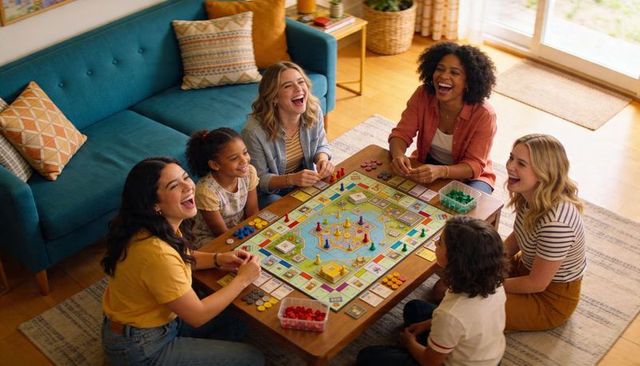 Multigenerational friends smiling and playing board game around table in sunlit living room