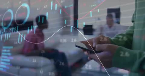 Business Professional Analyzing Market Trends with Smartphone and Data Graphics