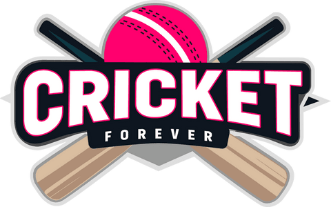 Cricket forever emblem with pink ball and crossed bats on transparent background
