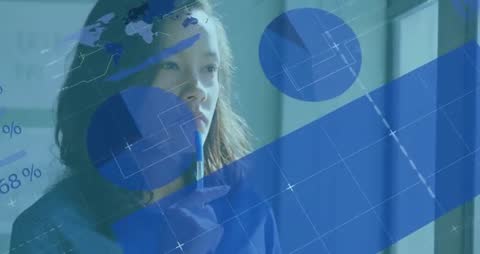 Woman Strategizing with Overlay of Business Analytics and World Map