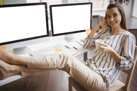 confident woman relaxing at work desk with transparent screens - Download Free Stock Videos Pikwizard.com