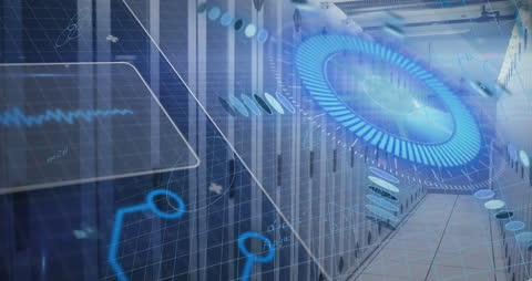 Futuristic Digital Interface with Server Room Data Visualization