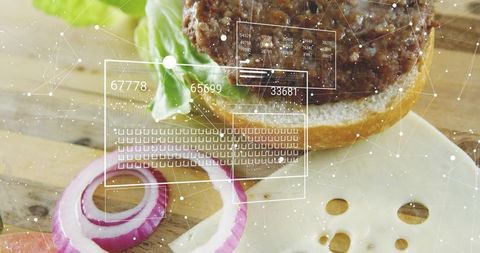 Augmented reality burger hud with half-assembled beef patty, lettuce, onion rings