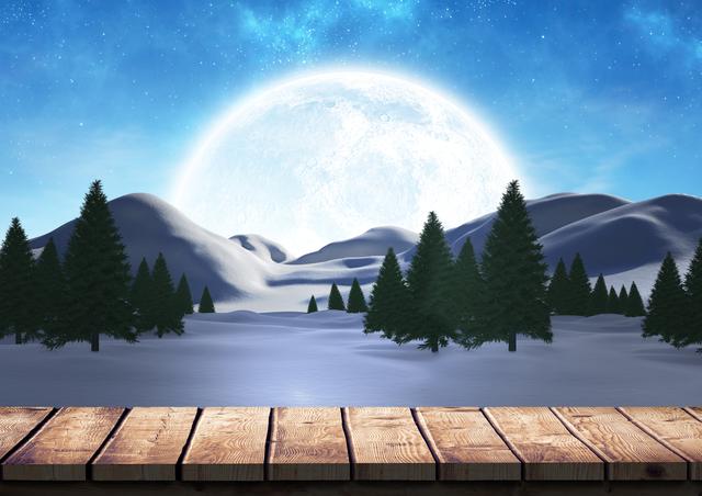 Digital composition of snowy landscape in winter with wooden boardwalk
