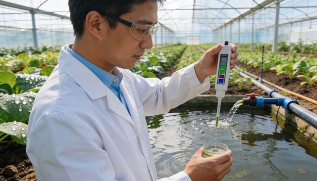 Researcher testing irrigation water quality with handheld meter in commercial greenhouse