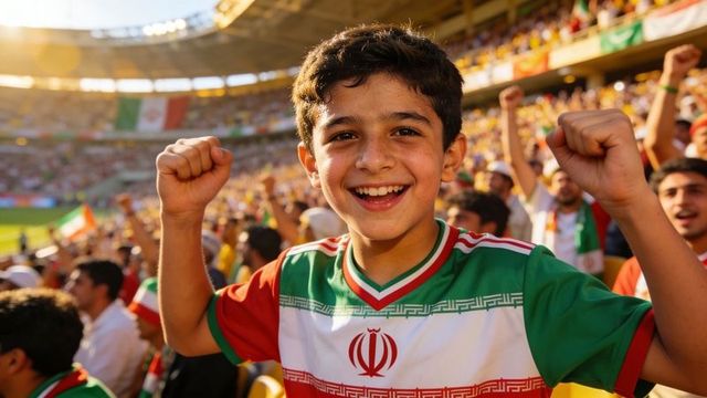 Young iranian fan cheering in iran football jersey at packed stadium during soccer match