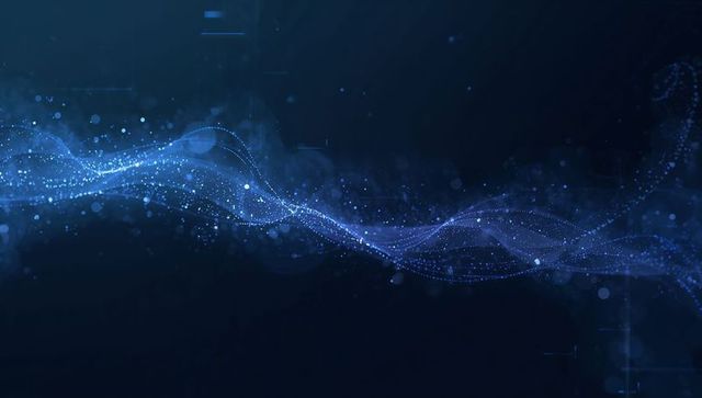 Luminous Particle Wave Flowing Across Dark Digital Background with Neon Data Streams