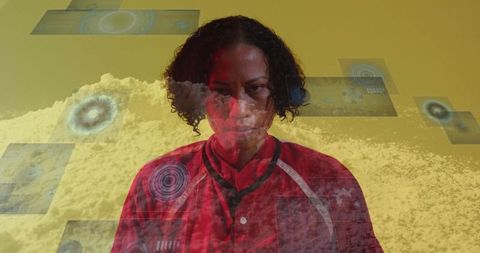 Woman interacting with advanced digital interface