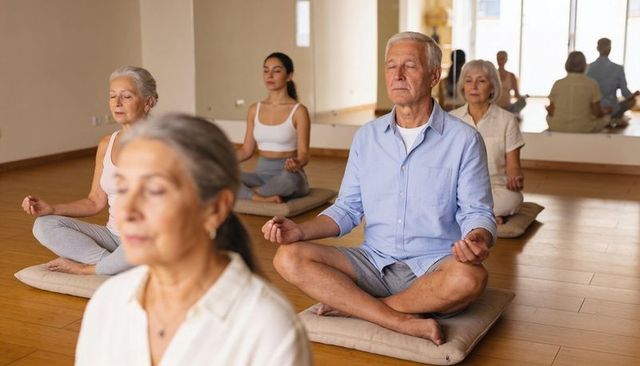 Sunlit group meditating with senior man leading mindfulness practice on floor cushions