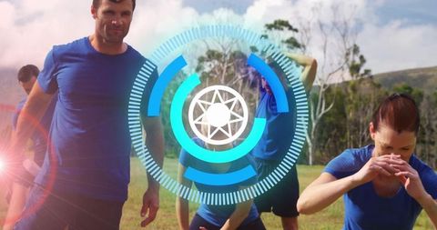 Group stretching and training outdoors with futuristic blue hud overlay and sun flare