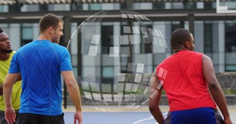 Urban pickup basketball players passing ball on outdoor court with mirrored sphere overlay