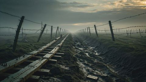 Moody first world war trench with wooden sleepers and barbed wire fence