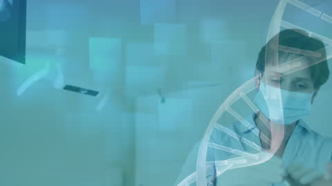 Medical Professional Analyzing DNA Structure with Digital Interface Background