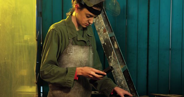 Female Welder Inspecting Metal Workpiece in Workshop - Download Free Stock Images Pikwizard.com