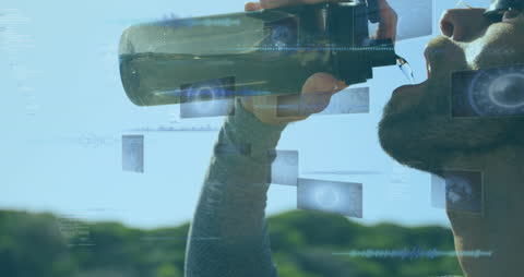 Man Drinking Water with Digital Interface Overlay