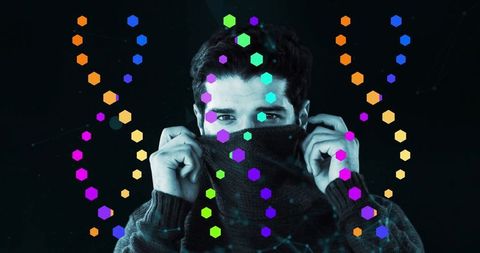 Futuristic man in tech studio with neon hexagonal overlay