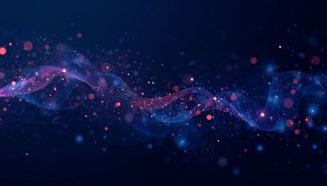Flowing Magenta Purple Particle Ribbon with Neon Bokeh and Digital Mesh Wave