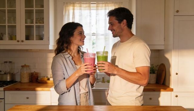 Sunlit couple toasting colorful smoothies on wooden counter for healthy morning lifestyle