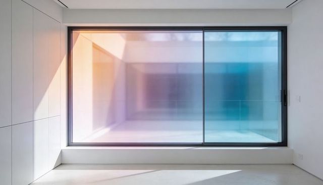 Minimal modern interior with tinted sliding glass window casting gradient light, bench