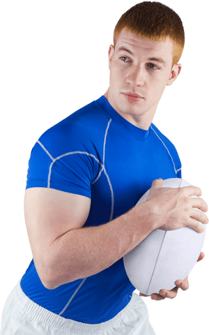 Rugby player holding ball in blue shirt isolated on transparent background