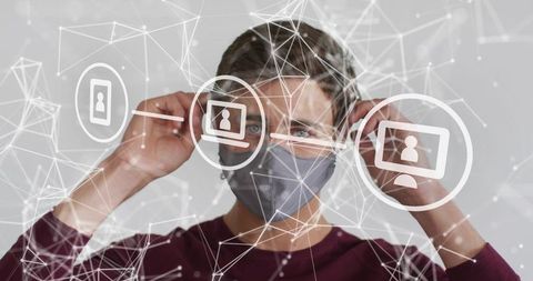 Adjusting face mask while connecting to virtual network with teleconference icons