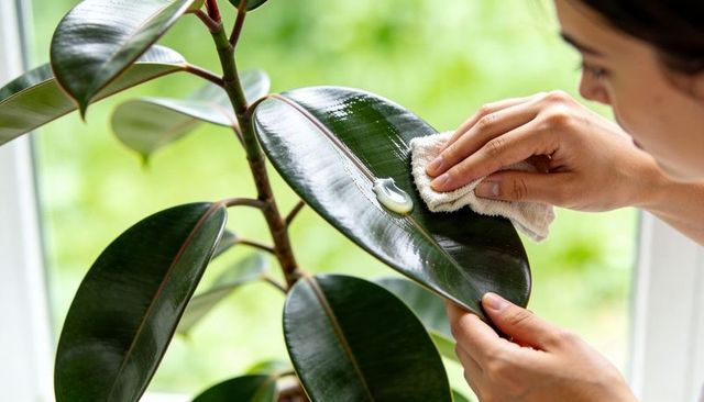 Woman wiping rubber plant leaf with cloth, polishing glossy foliage, indoor plant care